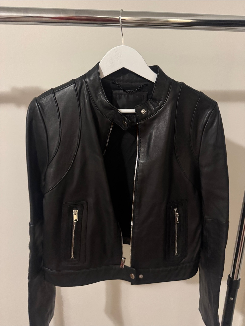 Andrew Marc Black Leather Moto Jacket with Zipper Pockets